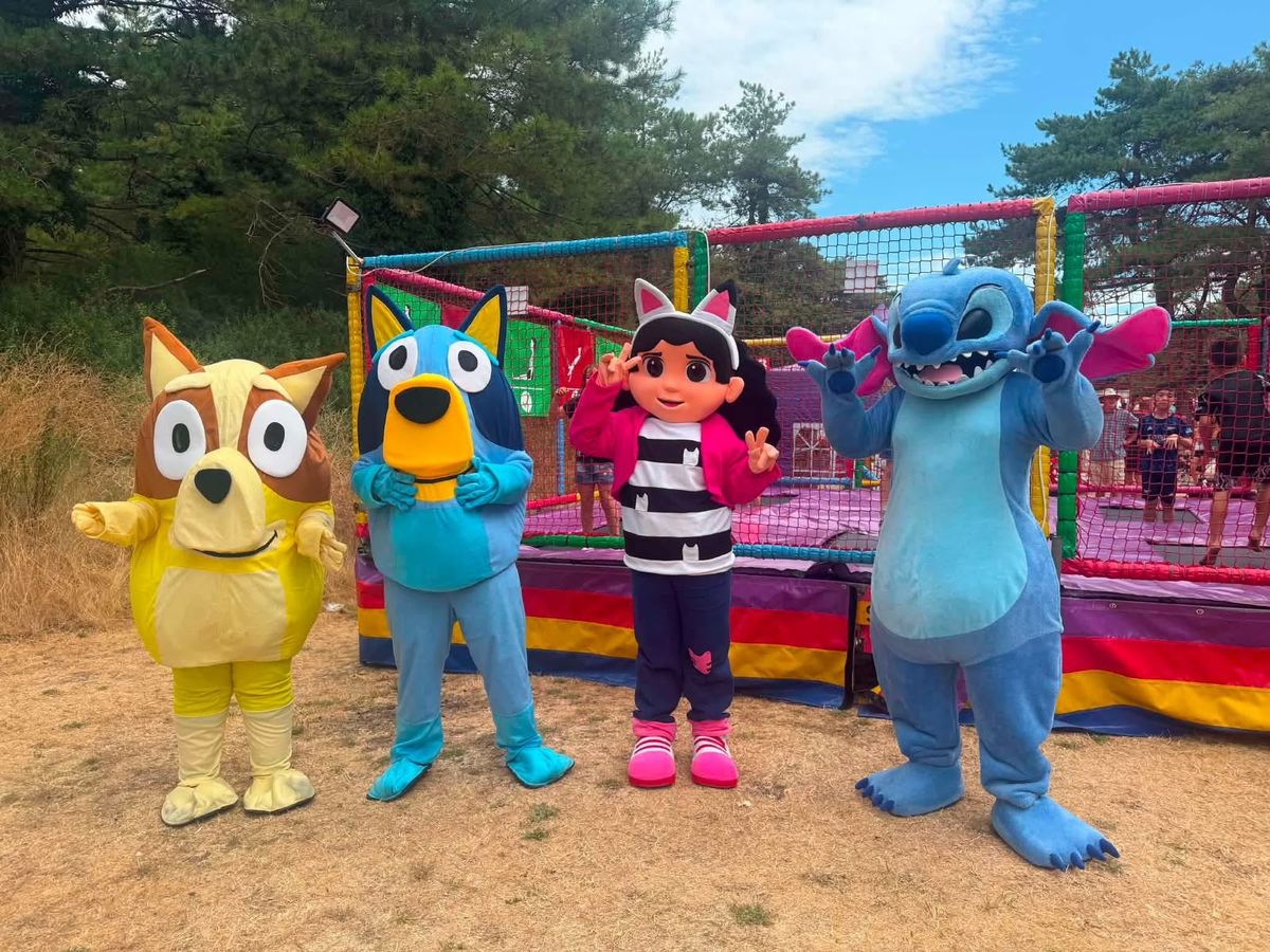 Four look-alike mascots lined up at an outdoor party, with a soft play behind them
